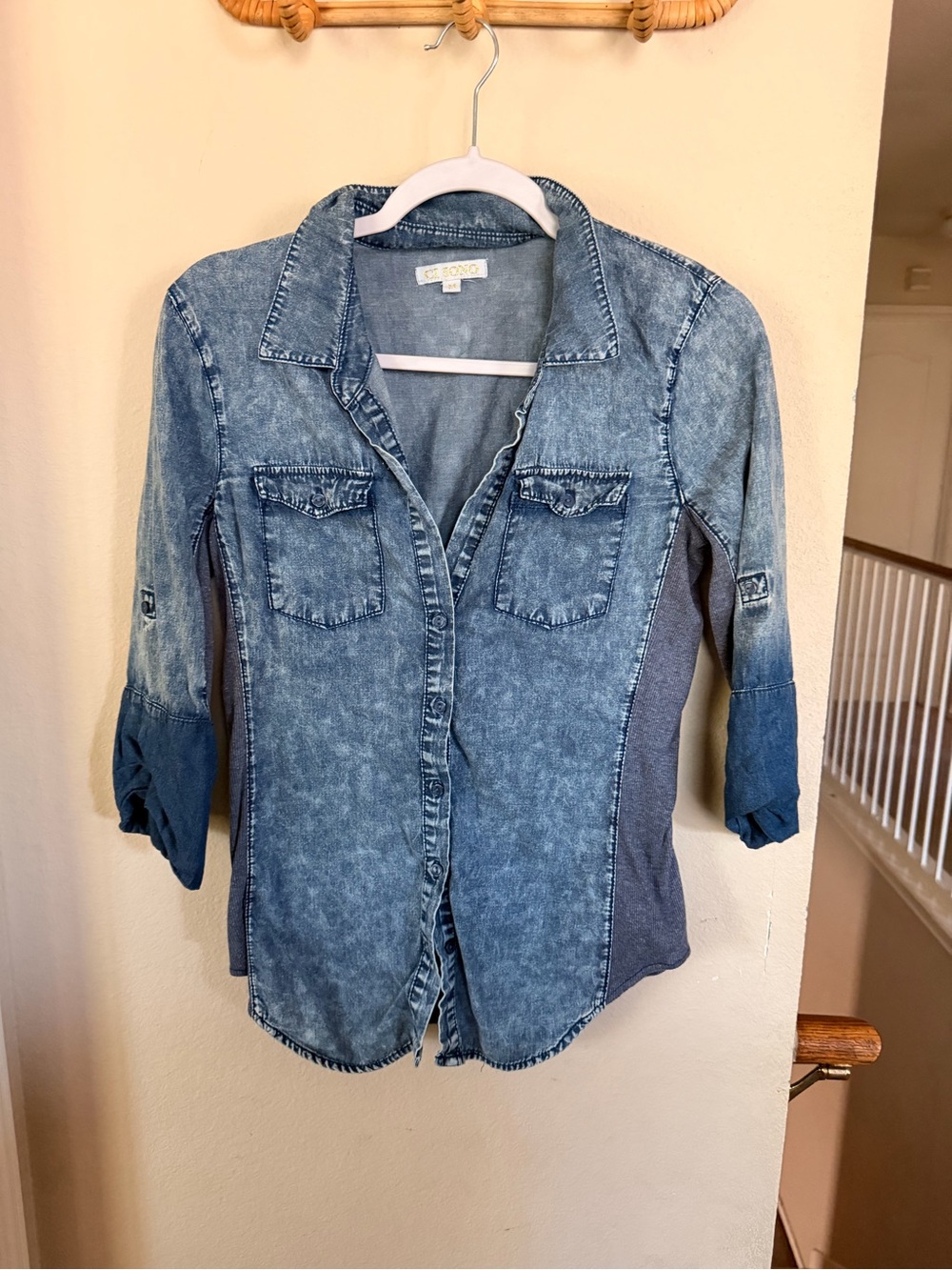 Ci Sono Two-Tone Light Blue Denim Button-Down Shirt